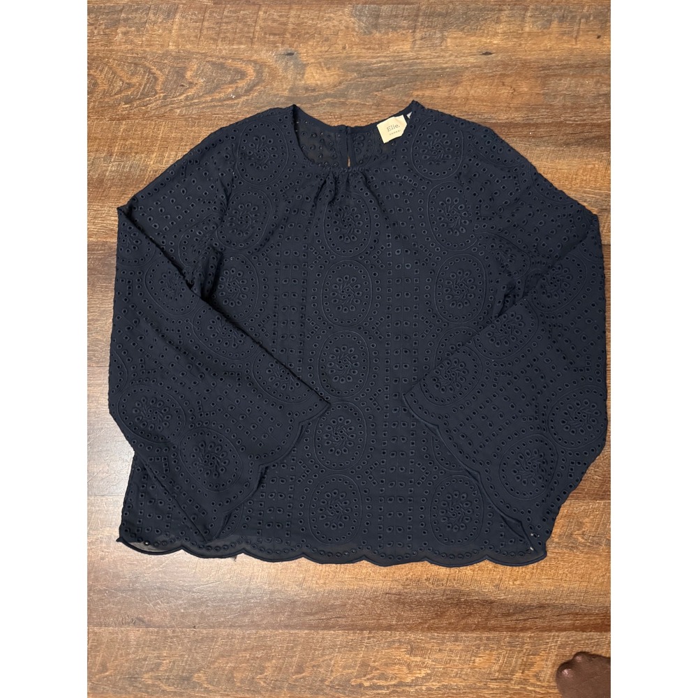Elie Tahari Navy Blue Eyelet Blouse Size Medium Bell Sleeve Scalloped Hem